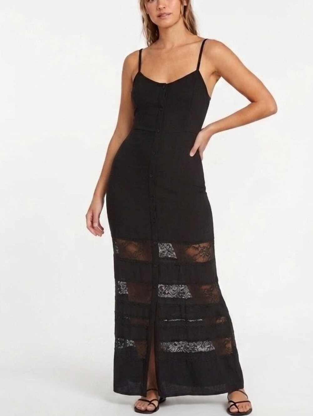 Volcom Maxi Dress Sheer Lace Stripe Black